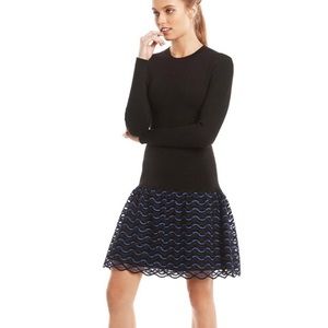 Lela Rose Wave-Lace Wool Long-Sleeve Dress, Lapis/Black